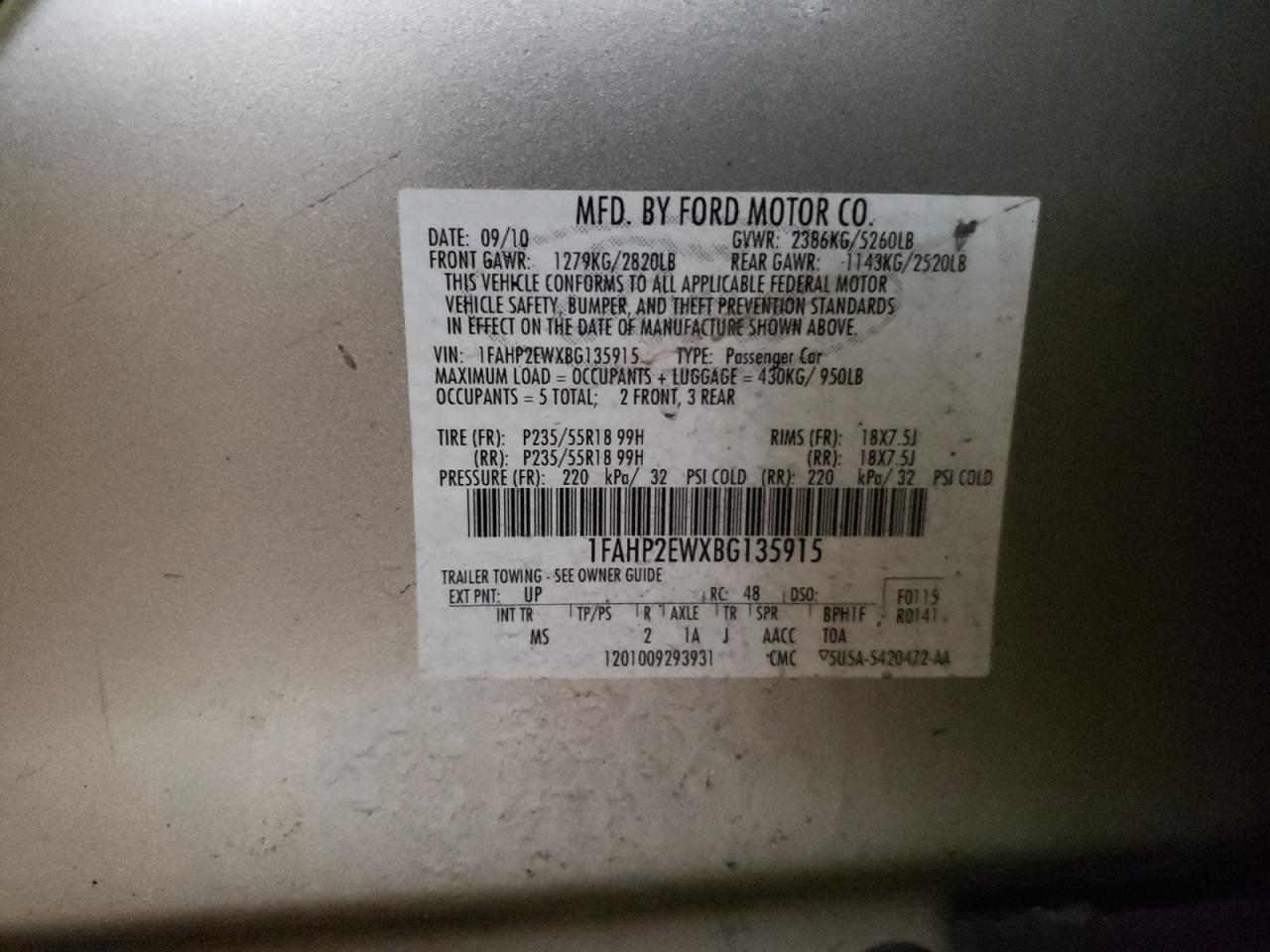 Photo 10 from auction – 2011 FORD TAURUS SEL with VIN 1FAHP2EWXBG135915