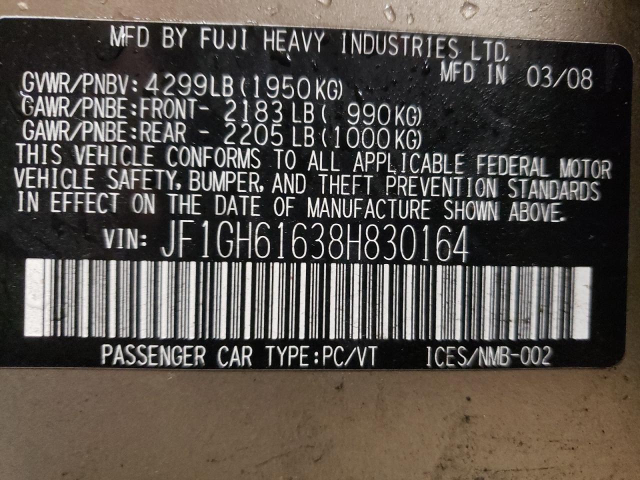 Photo 10 from auction – 2008 SUBARU IMPREZA 2. with VIN JF1GH61638H830164