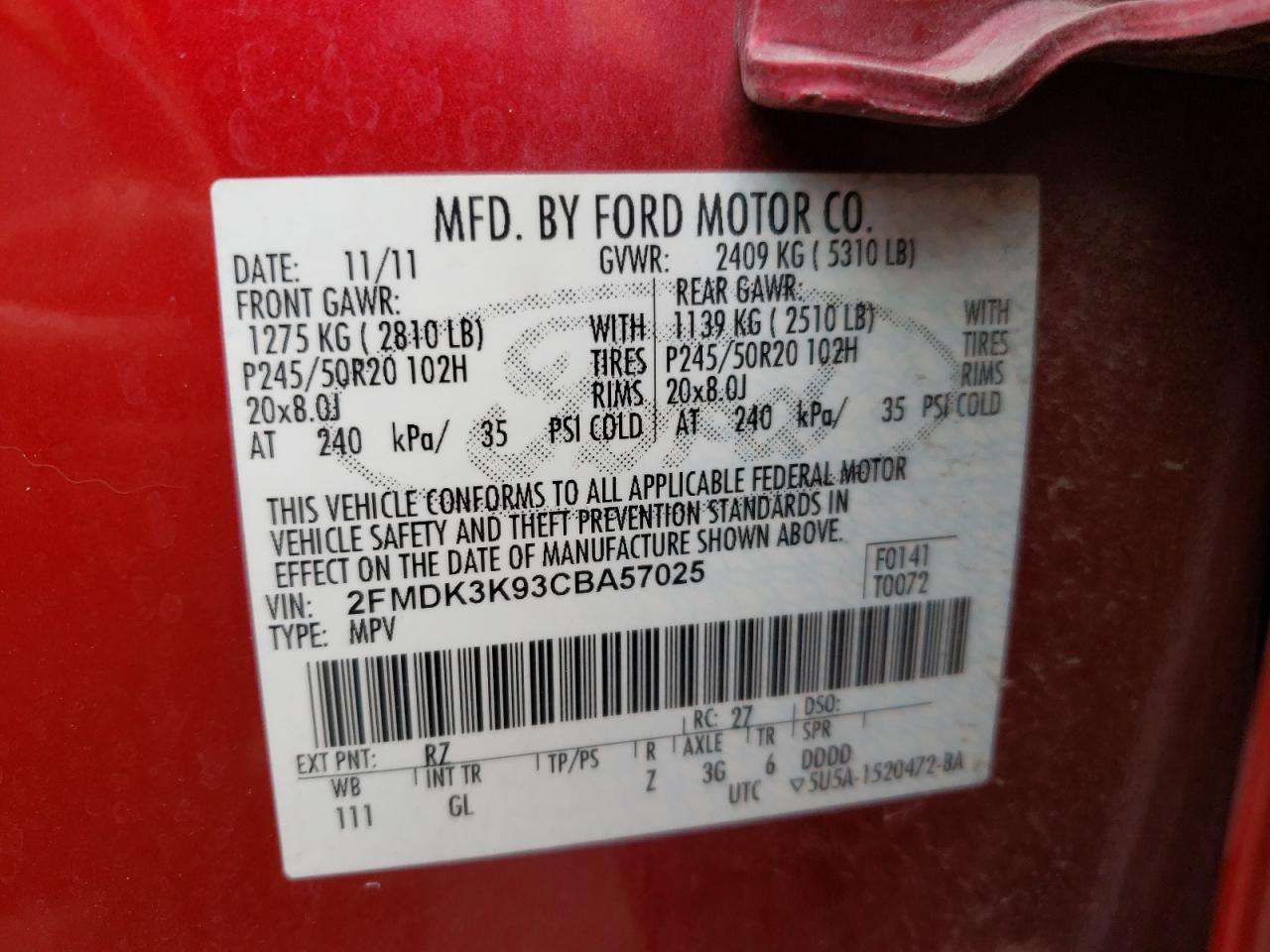 Photo 10 from auction – 2012 FORD EDGE LIMIT with VIN 2FMDK3K93CBA57025