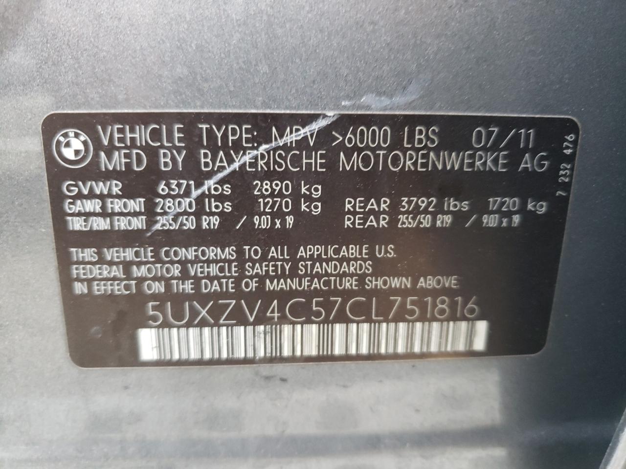Photo 10 from auction – 2012 BMW X5 XDRIVE3 with VIN 5UXZV4C57CL751816