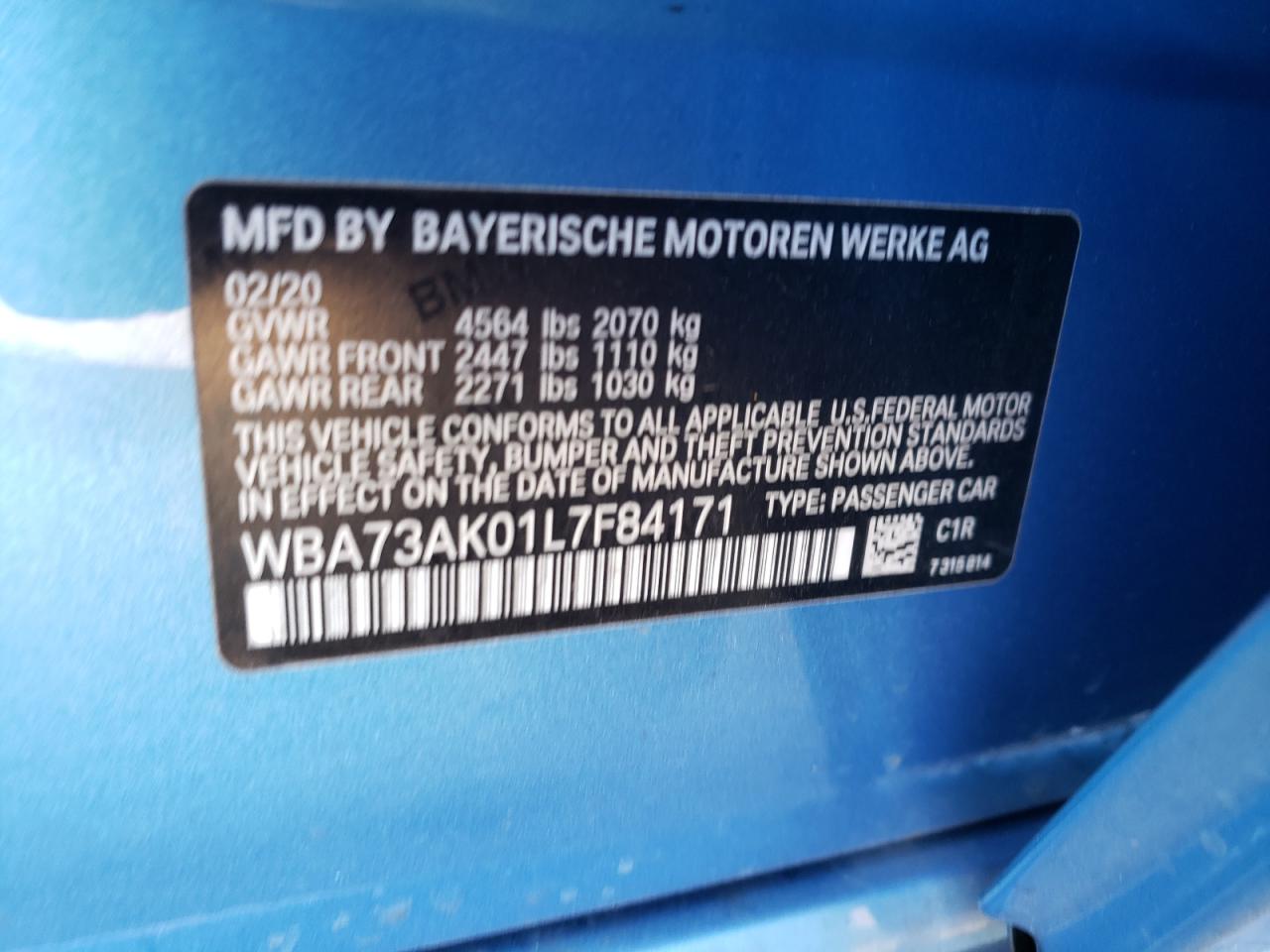 Photo 10 from auction – 2020 BMW 228XI with VIN WBA73AK01L7F84171
