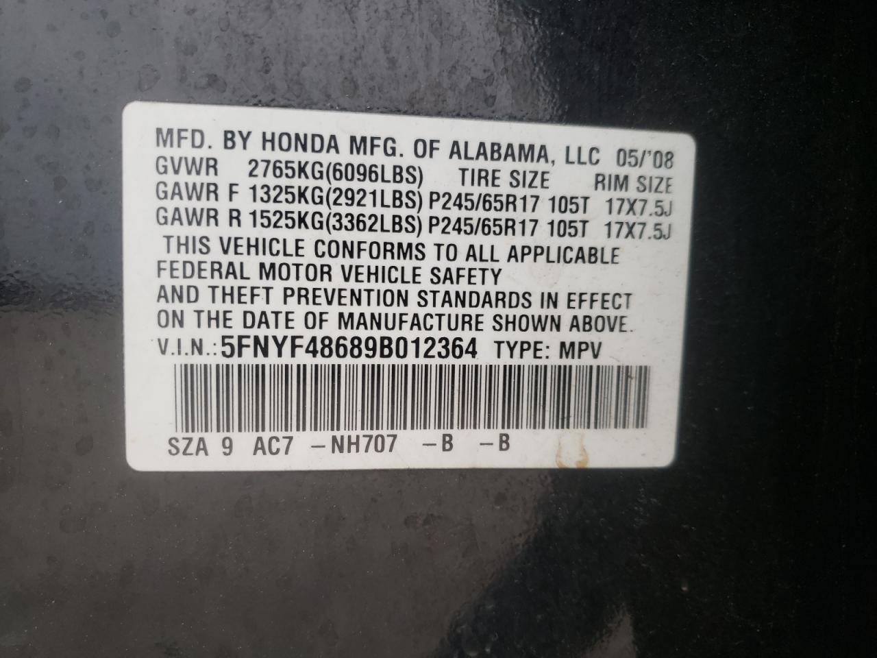 Photo 10 from auction – 2009 HONDA PILOT EXL with VIN 5FNYF48689B012364