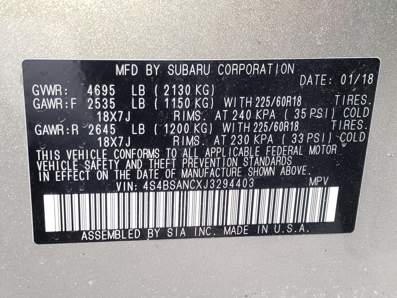 Photo 10 from auction – 2018 SUBARU OUTBACK 2. with VIN 4S4BSANCXJ3294403