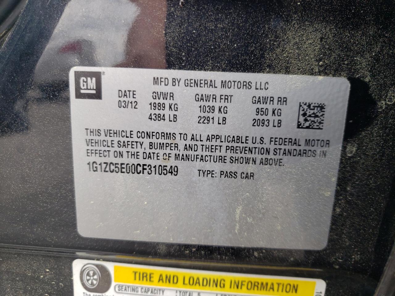 Photo 10 from auction – 2012 CHEVROLET MALIBU 1LT with VIN 1G1ZC5E00CF310549