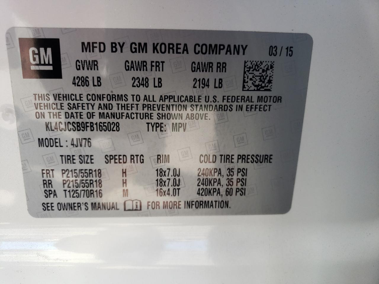 Photo 10 from auction – 2015 BUICK ENCORE with VIN KL4CJCSB9FB165028