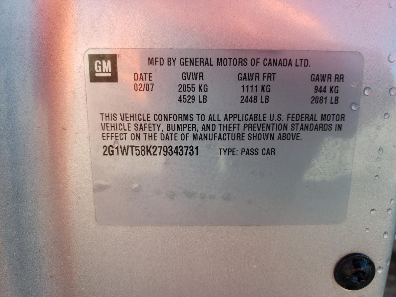 Photo 10 from auction – 2007 CHEVROLET IMPALA LT with VIN 2G1WT58K279343731