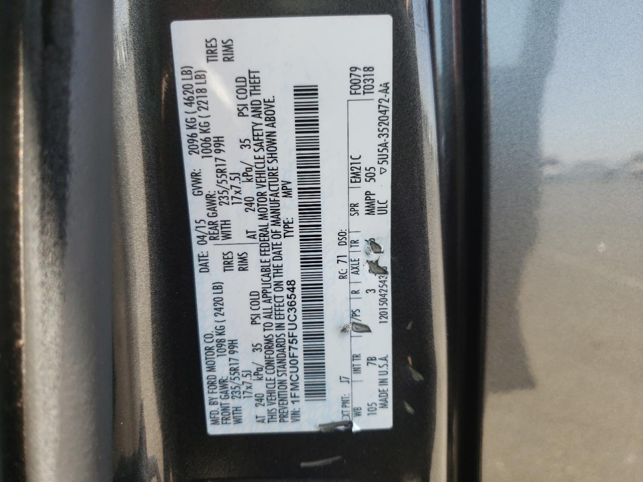 Photo 10 from auction – 2015 FORD ESCAPE S with VIN 1FMCU0F75FUC36548