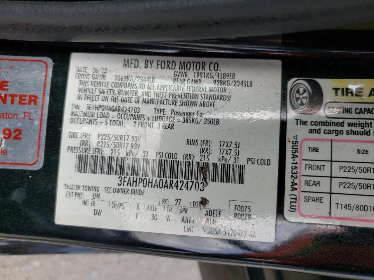 Photo 10 from auction – 2010 FORD FUSION with VIN 3FAHP0HA0AR424703