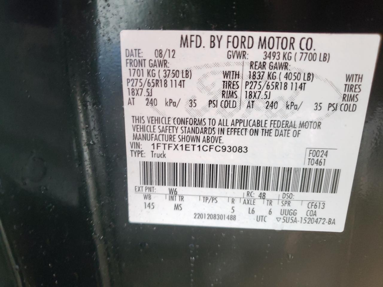 Photo 10 from auction – 2012 FORD F150 SUPER with VIN 1FTFX1ET1CFC93083