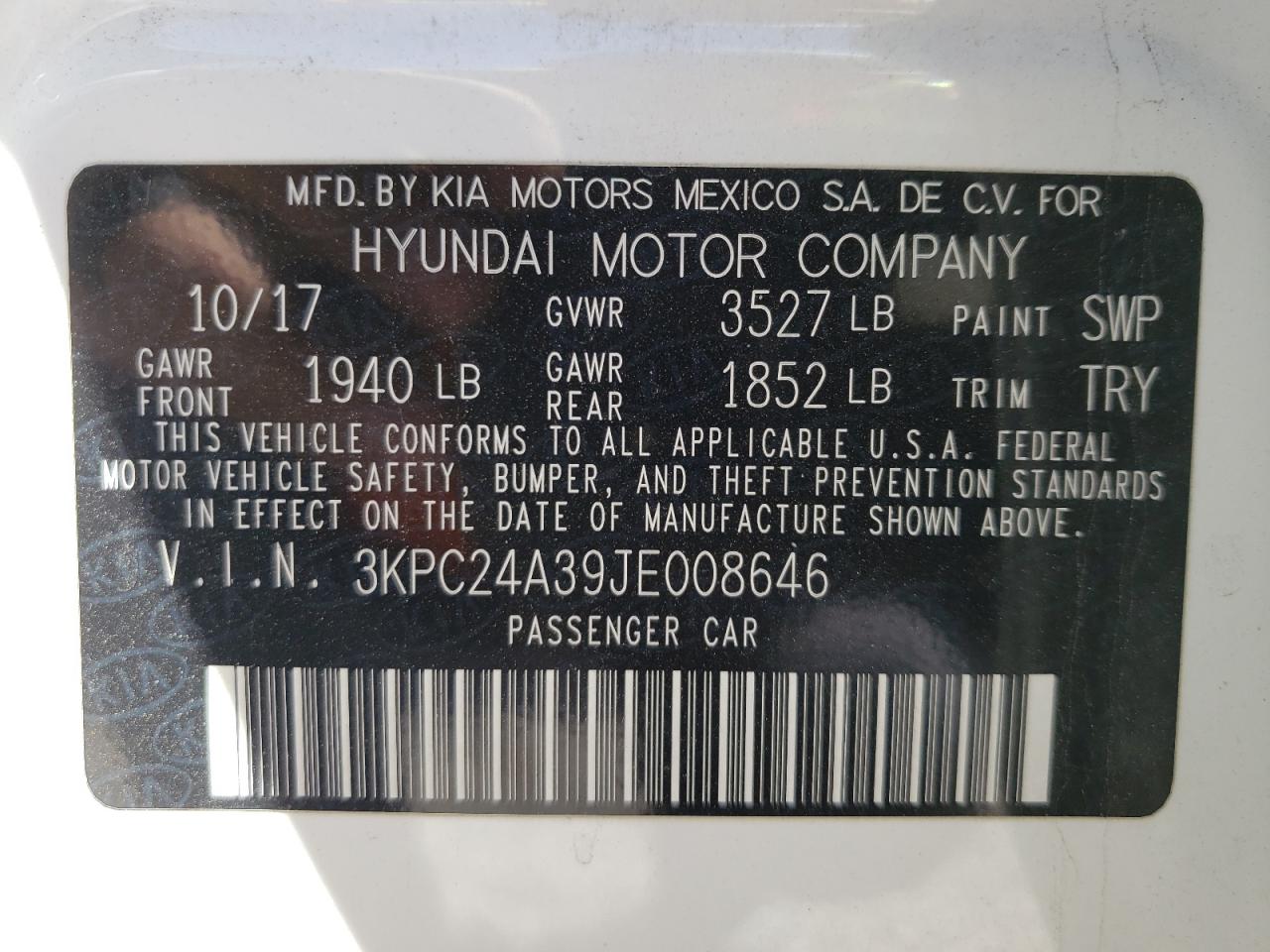 Photo 10 from auction – 2018 HYUNDAI ACCENT SE with VIN 3KPC24A39JE008646