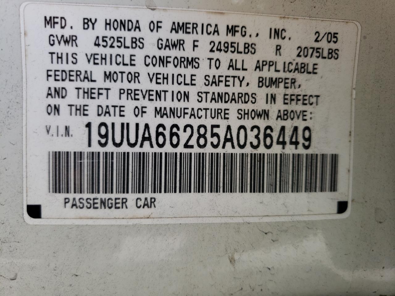 Photo 10 from auction – 2005 ACURA TL with VIN 19UUA66285A036449