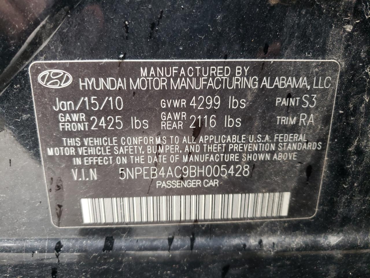 Photo 10 from auction – 2011 HYUNDAI SONATA GLS with VIN 5NPEB4AC9BH005428