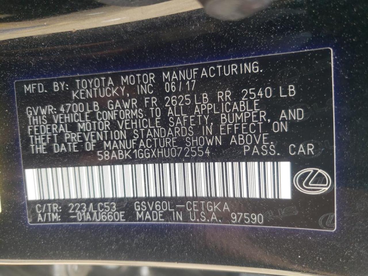 Photo 10 from auction – 2017 LEXUS ES 350 with VIN 58ABK1GGXHU072554