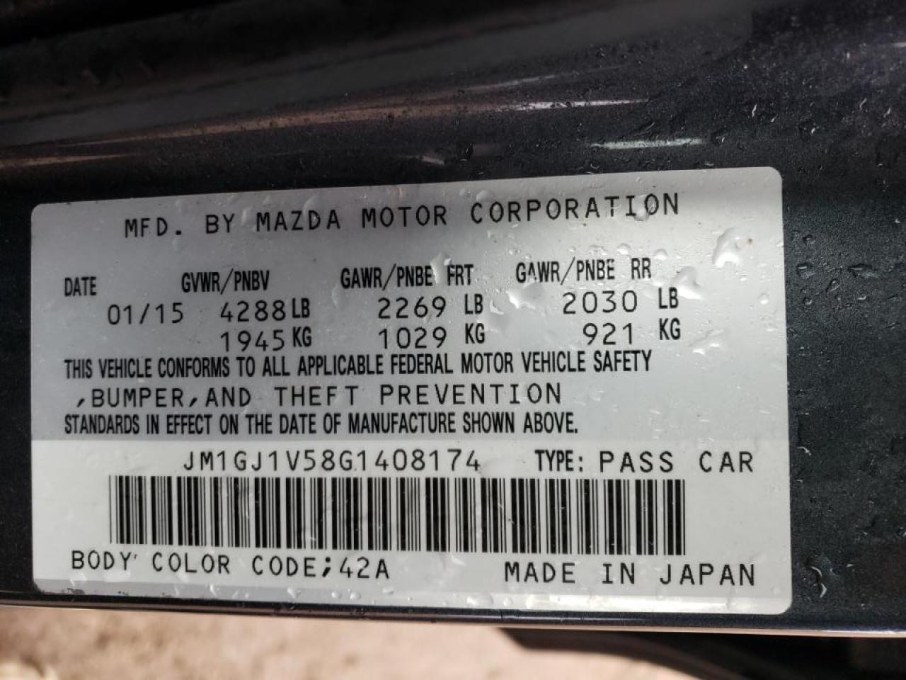Photo 10 from auction – 2016 MAZDA 6 TOURING with VIN JM1GJ1V58G1408174