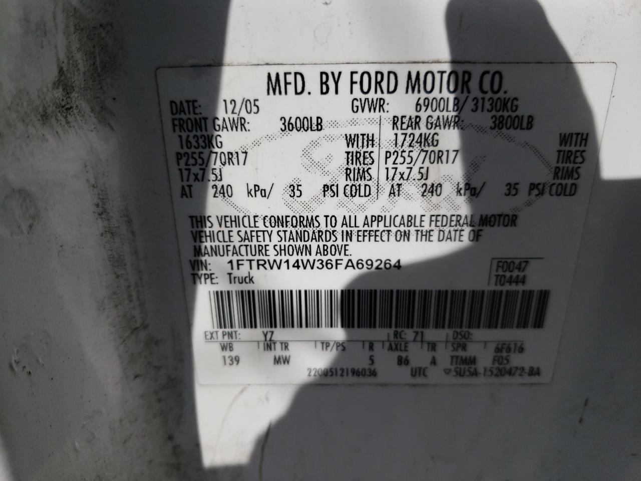 Photo 10 from auction – 2006 FORD F150 SUPER with VIN 1FTRW14W36FA69264