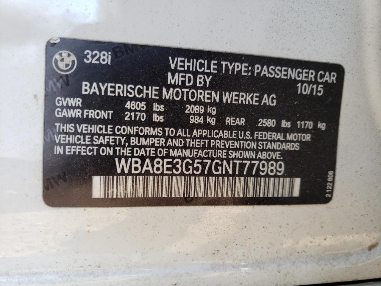 Photo 10 from auction – 2016 BMW 328 XI SUL with VIN WBA8E3G57GNT77989