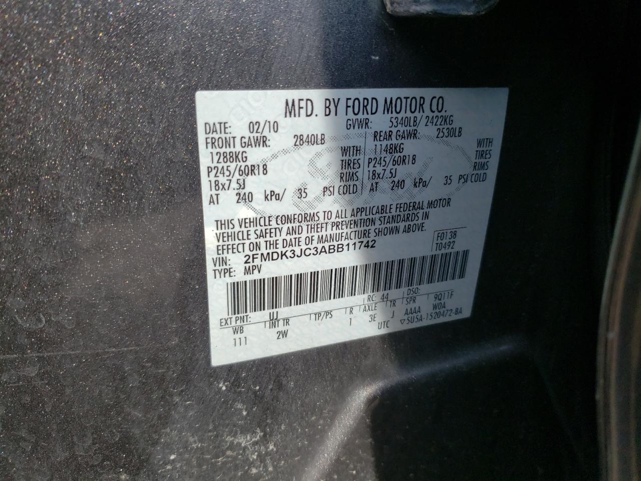 Photo 10 from auction – 2010 FORD EDGE SEL with VIN 2FMDK3JC3ABB11742