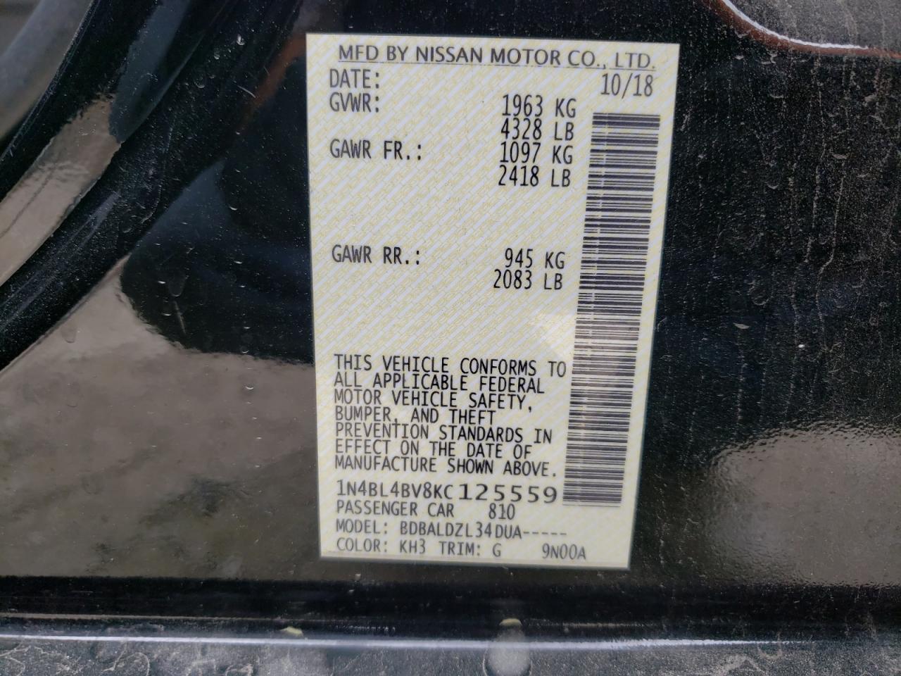 Photo 10 from auction – 2019 NISSAN ALTIMA S with VIN 1N4BL4BV8KC125559