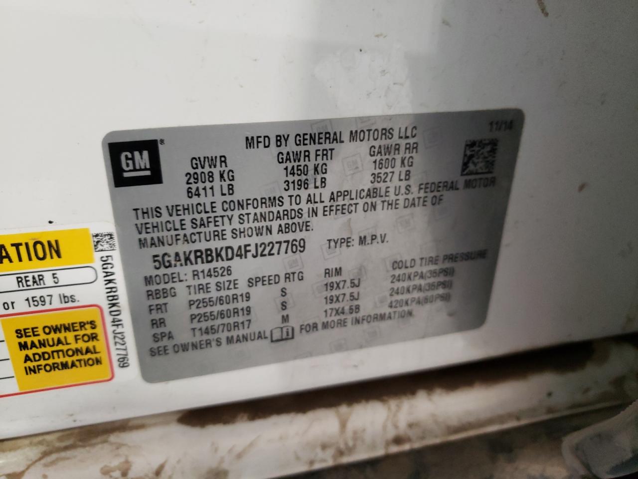 Photo 10 from auction – 2015 BUICK ENCLAVE with VIN 5GAKRBKD4FJ227769