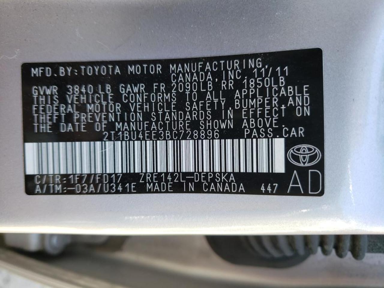 Photo 10 from auction – 2011 TOYOTA COROLLA BA with VIN 2T1BU4EE3BC728896