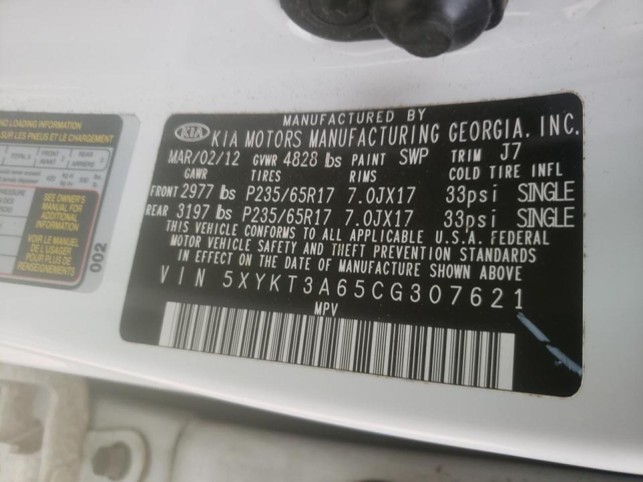 Photo 10 from auction – 2012 KIA SORENTO BA with VIN 5XYKT3A65CG307621