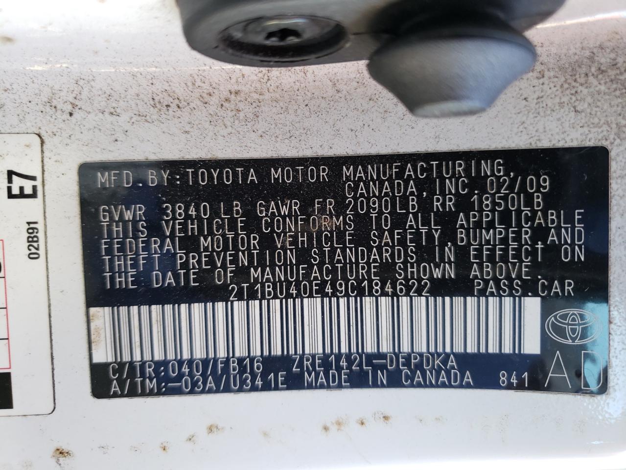 Photo 10 from auction – 2009 TOYOTA COROLLA BA with VIN 2T1BU40E49C184622