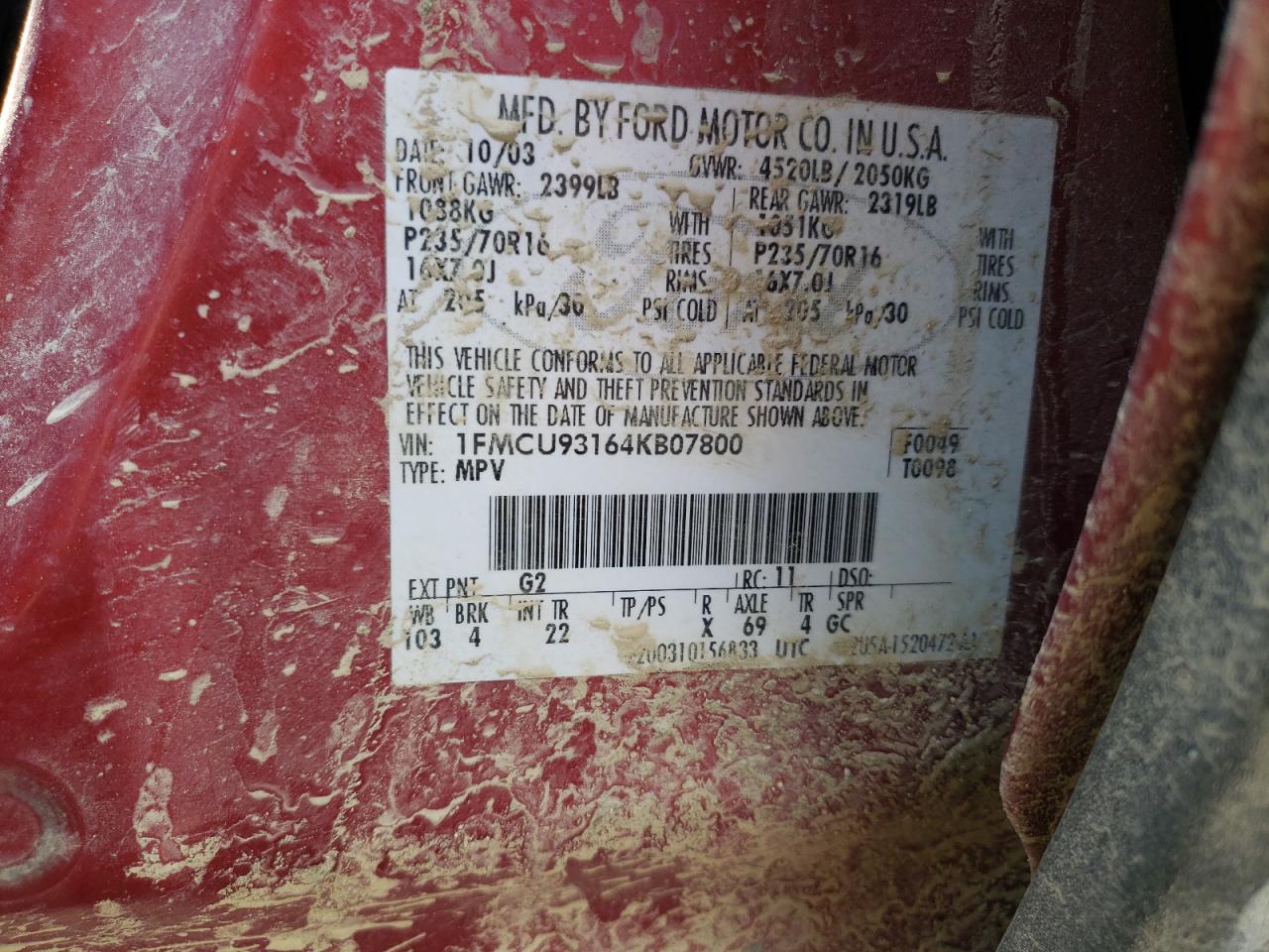 Photo 10 from auction – 2004 FORD ESCAPE XLT with VIN 1FMCU93164KB07800