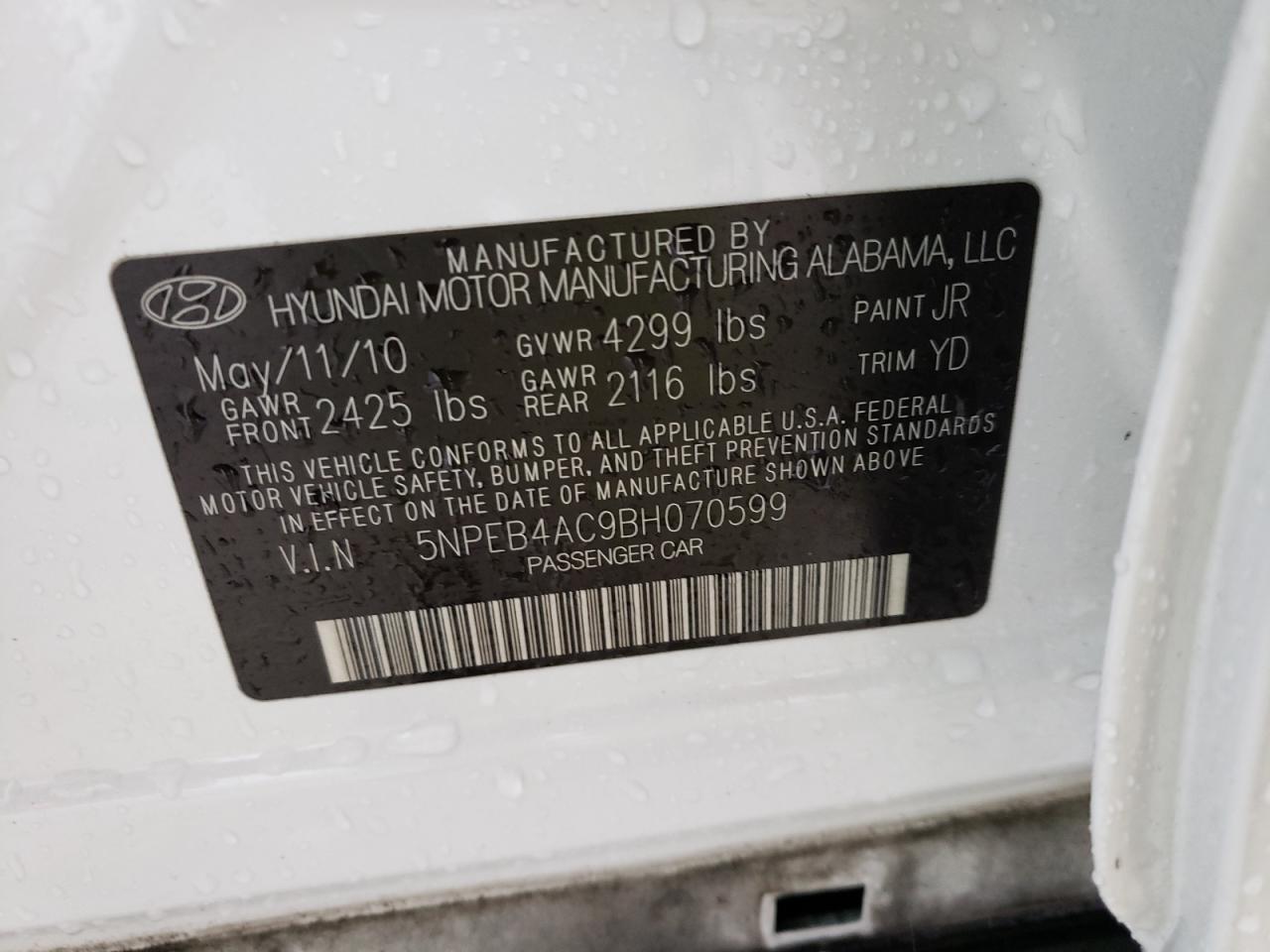 Photo 10 from auction – 2011 HYUNDAI SONATA with VIN 5NPEB4AC9BH070599