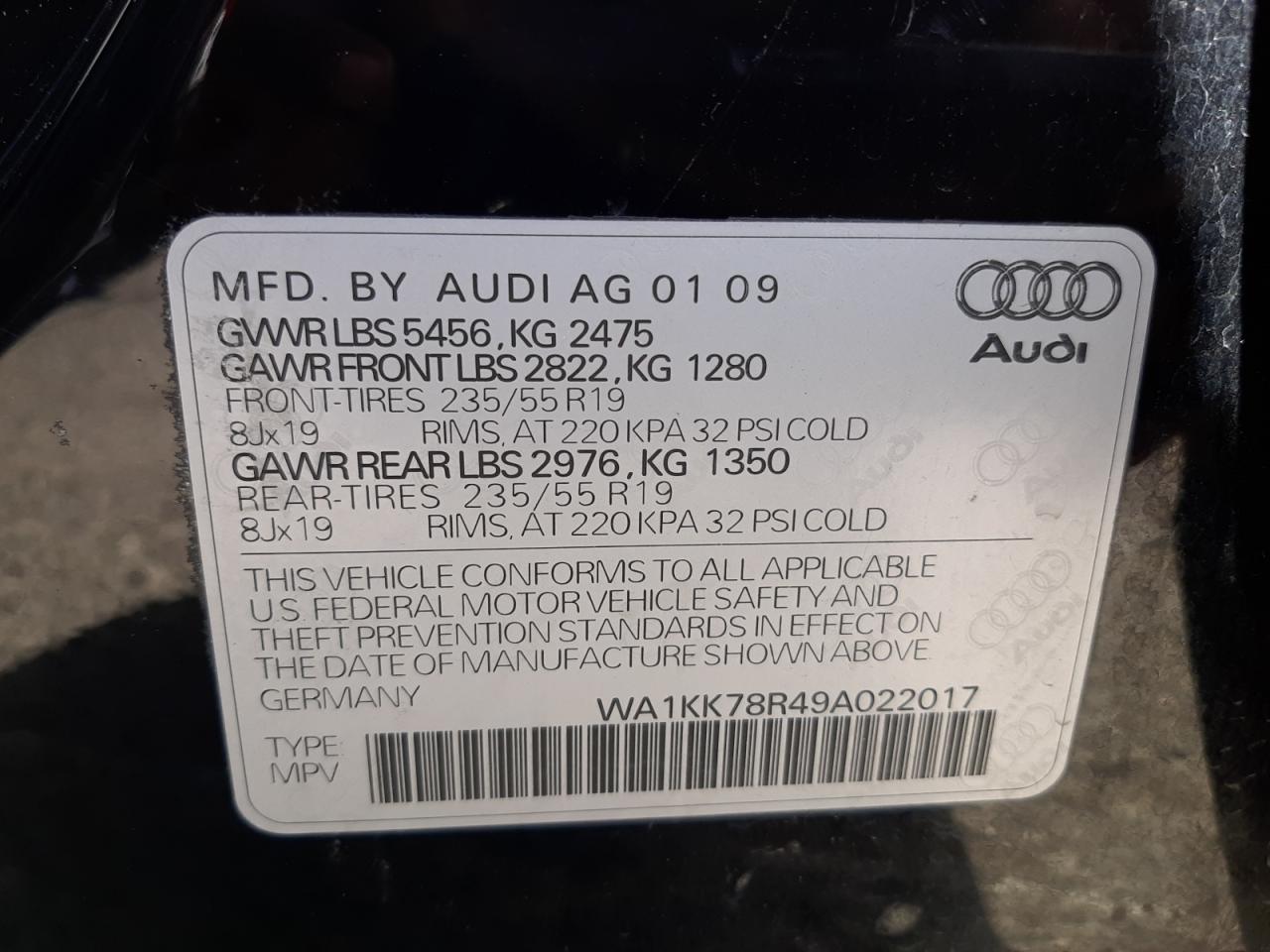 Photo 10 from auction – 2009 AUDI Q5 3.2 with VIN WA1KK78R49A022017