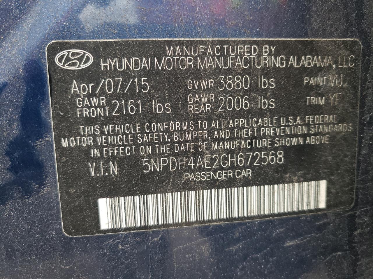 Photo 10 from auction – 2016 HYUNDAI ELANTRA SE with VIN 5NPDH4AE2GH672568