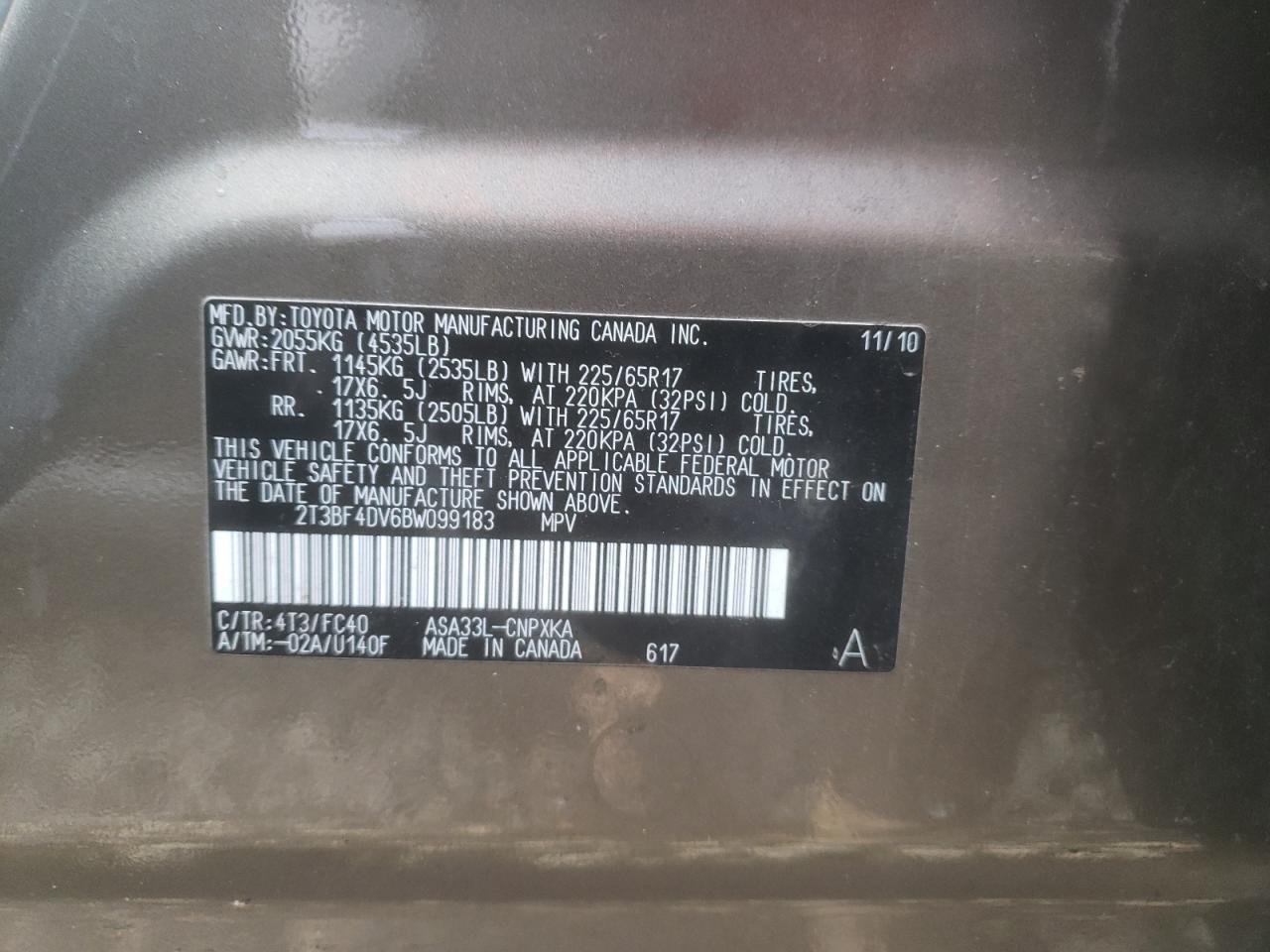 Photo 10 from auction – 2011 TOYOTA RAV4 with VIN 2T3BF4DV6BW099183