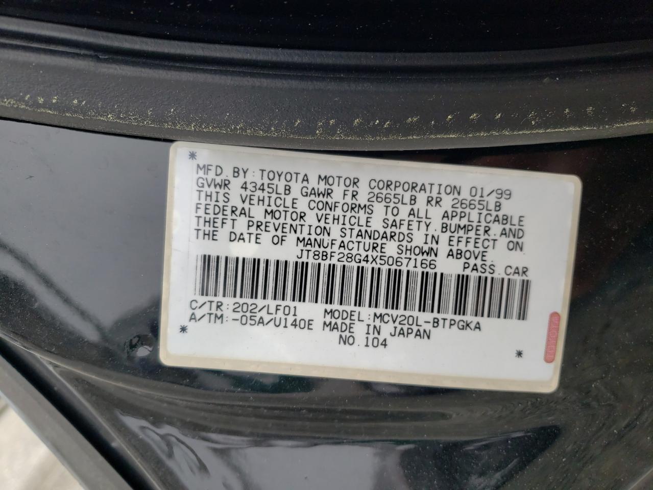 Photo 10 from auction – 1999 LEXUS ES 300 with VIN JT8BF28G4X5067166