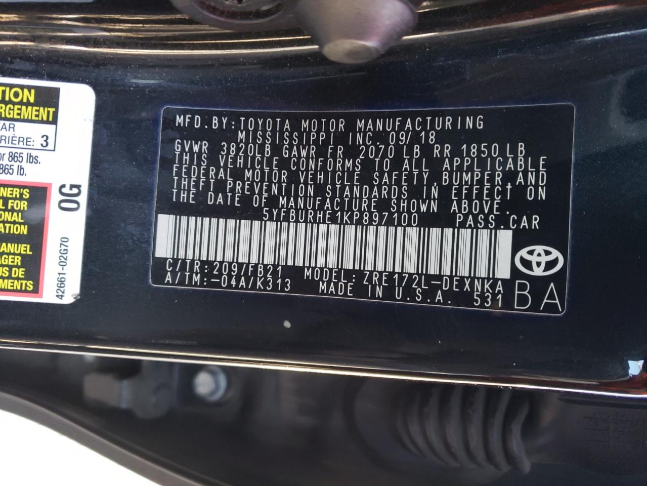 Photo 10 from auction – 2019 TOYOTA COROLLA L with VIN 5YFBURHE1KP897100