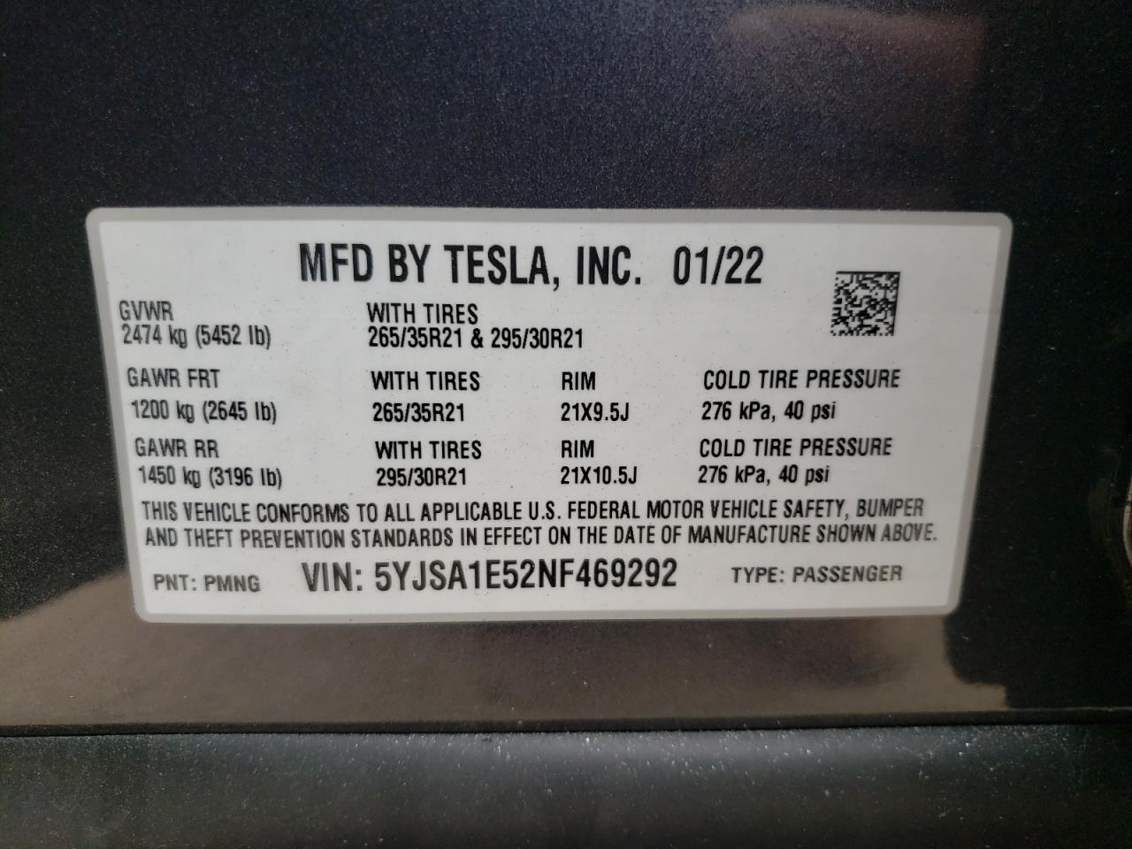 Photo 10 from auction – 2022 TESLA MODEL S with VIN 5YJSA1E52NF469292