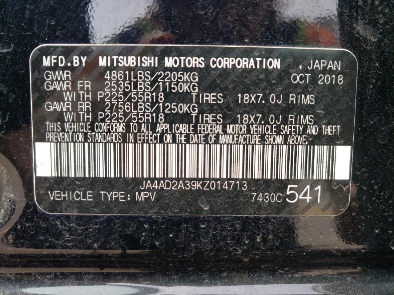 Photo 10 from auction – 2019 MITSUBISHI OUTLANDER with VIN JA4AD2A39KZ014713