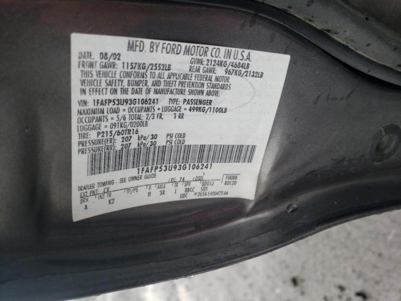 Photo 10 from auction – 2003 FORD TAURUS with VIN 1FAFP53U93G106241
