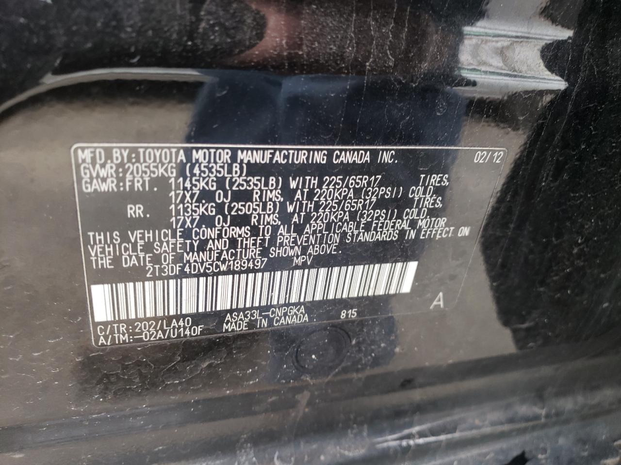 Photo 10 from auction – 2012 TOYOTA RAV4 LIMIT with VIN 2T3DF4DV5CW189497
