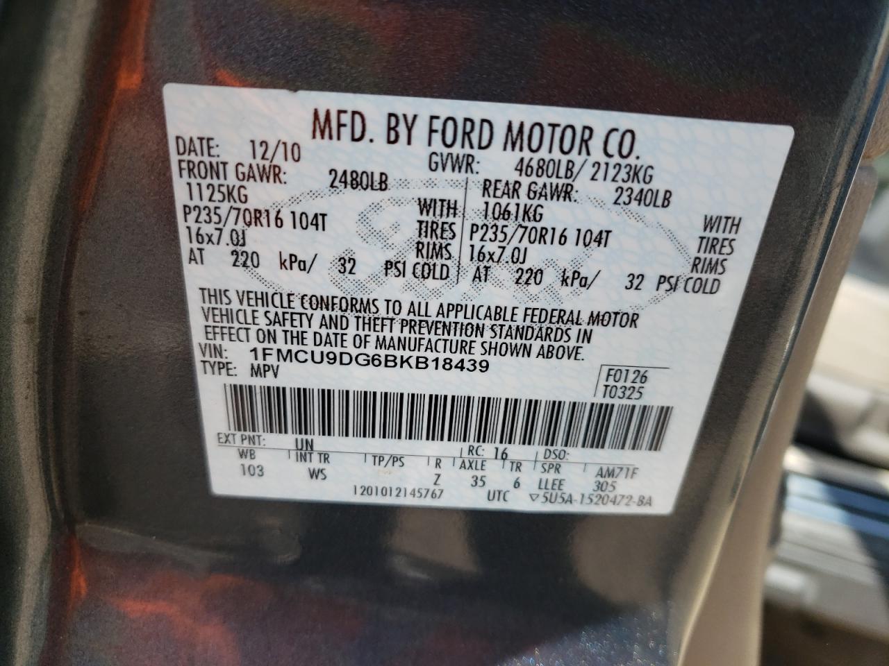 Photo 10 from auction – 2011 FORD ESCAPE XLT with VIN 1FMCU9DG6BKB18439