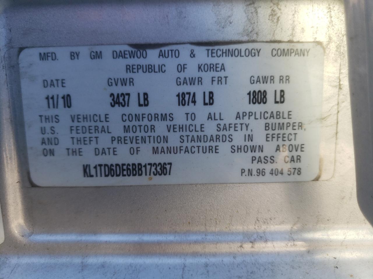 Photo 10 from auction – 2011 CHEVROLET AVEO LS with VIN KL1TD6DE6BB173367