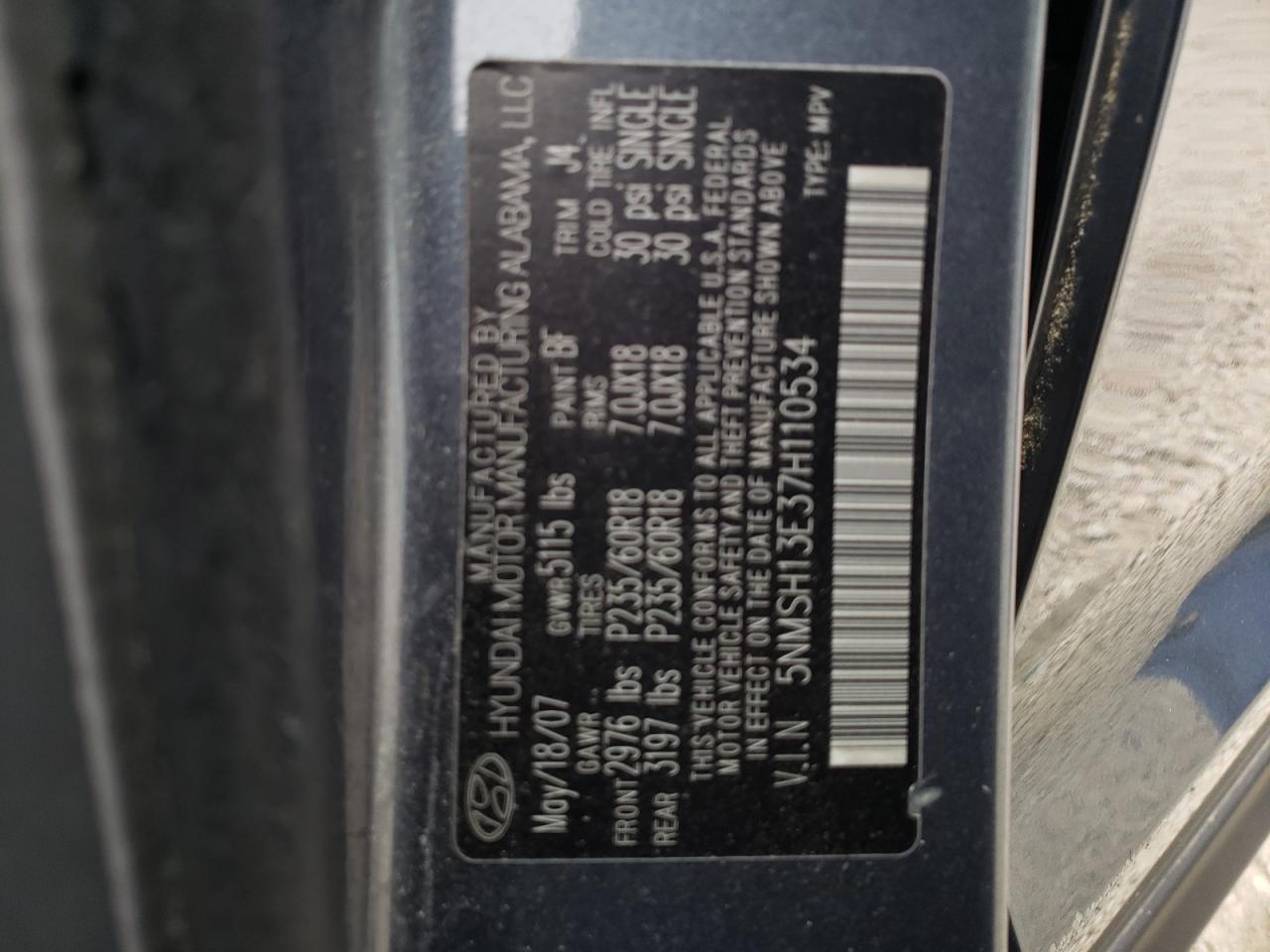 Photo 10 from auction – 2007 HYUNDAI SANTA FE S with VIN 5NMSH13E37H110534