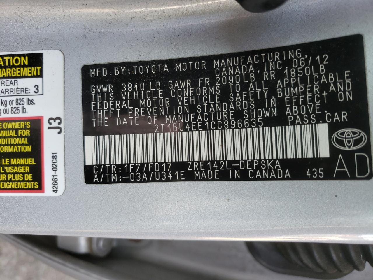 Photo 10 from auction – 2012 TOYOTA COROLLA BA with VIN 2T1BU4EE1CC896635