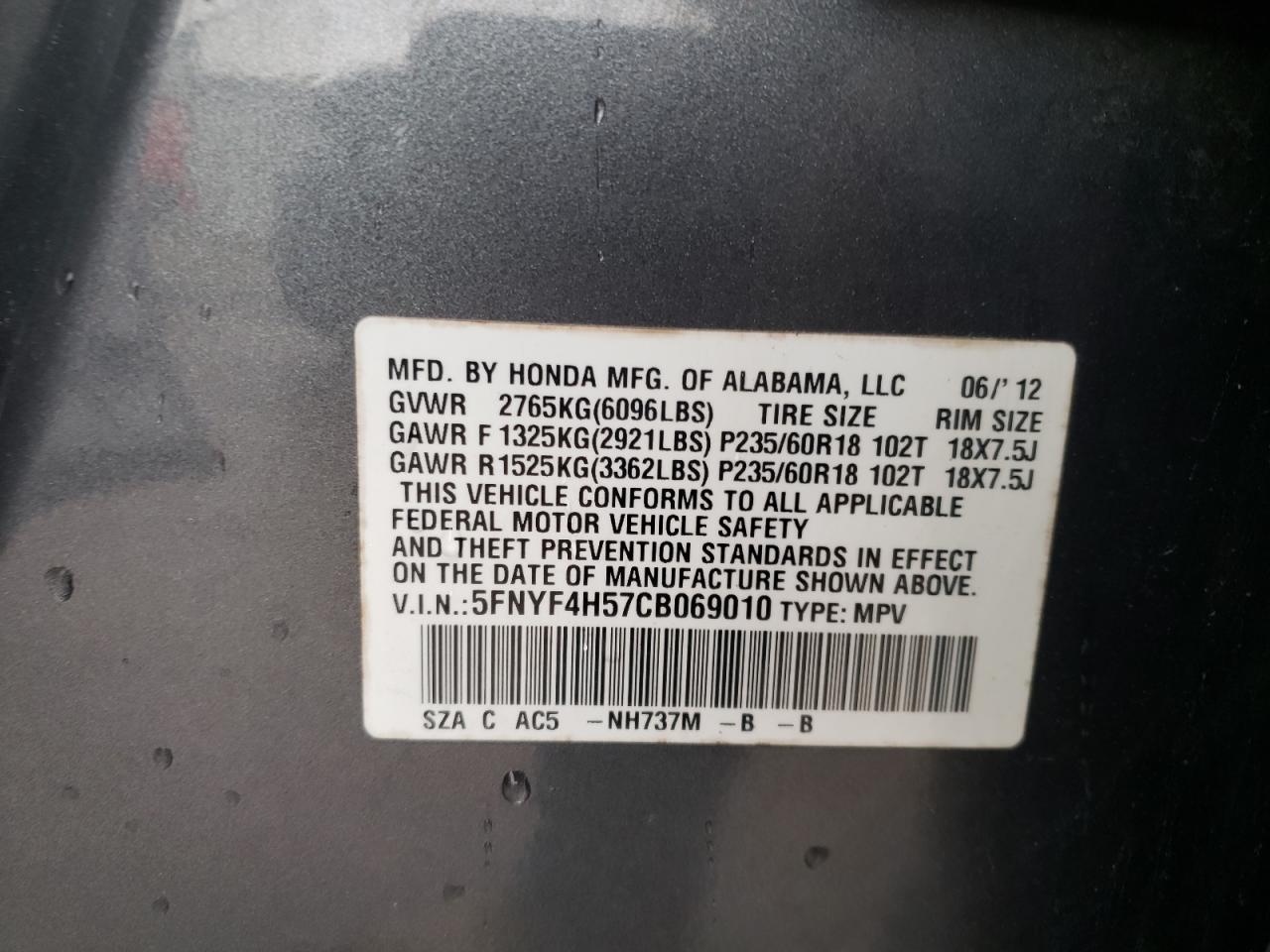 Photo 10 from auction – 2012 HONDA PILOT EXL with VIN 5FNYF4H57CB069010