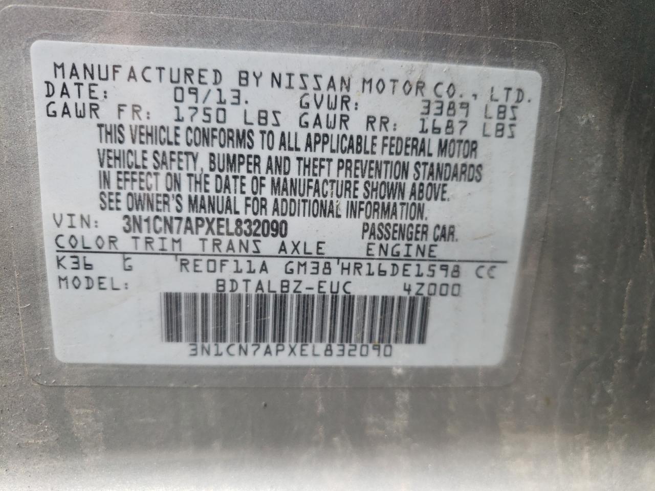 Photo 10 from auction – 2014 NISSAN VERSA S with VIN 3N1CN7APXEL832090