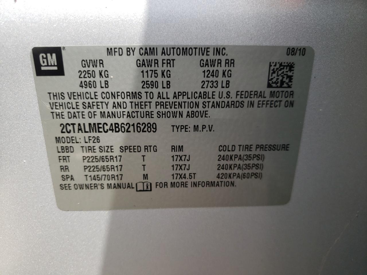 Photo 10 from auction – 2011 GMC TERRAIN SL with VIN 2CTALMEC4B6216289