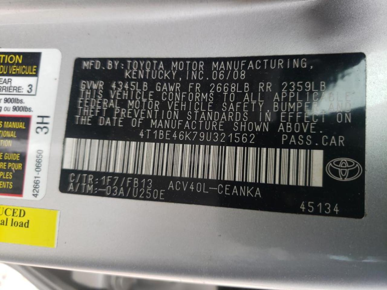 Photo 10 from auction – 2009 TOYOTA CAMRY BASE with VIN 4T1BE46K79U321562
