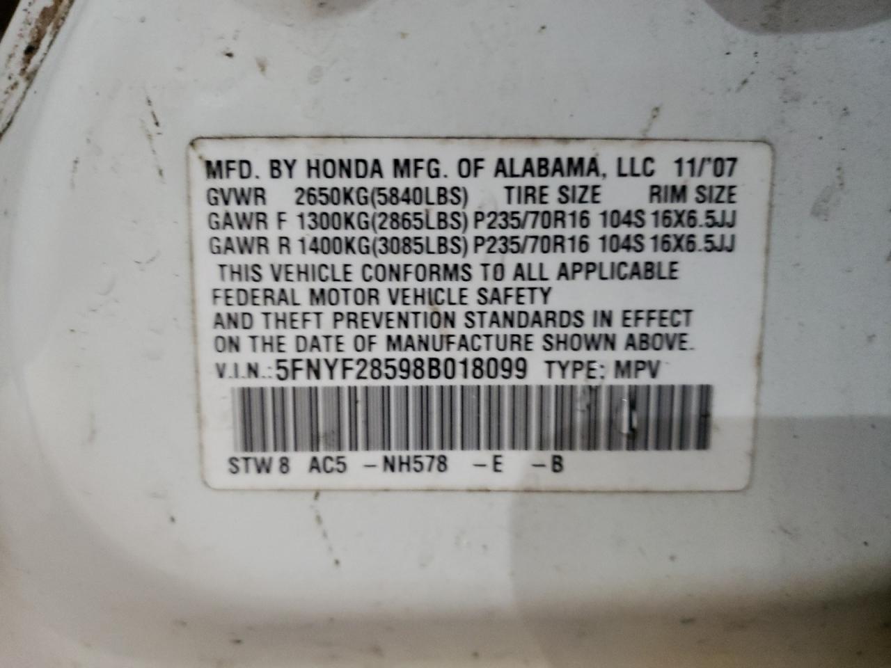 Foto 10 de la subasta – 2008 HONDA PILOT EXL con VIN 5FNYF28598B018099