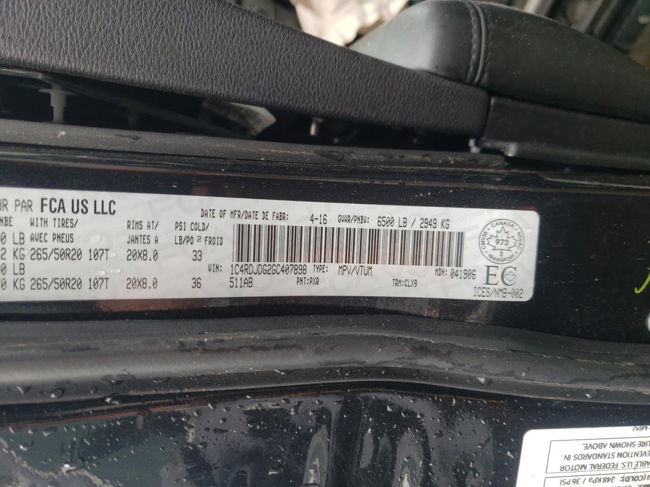 Photo 10 from auction – 2016 DODGE DURANGO LI with VIN 1C4RDJDG2GC407898