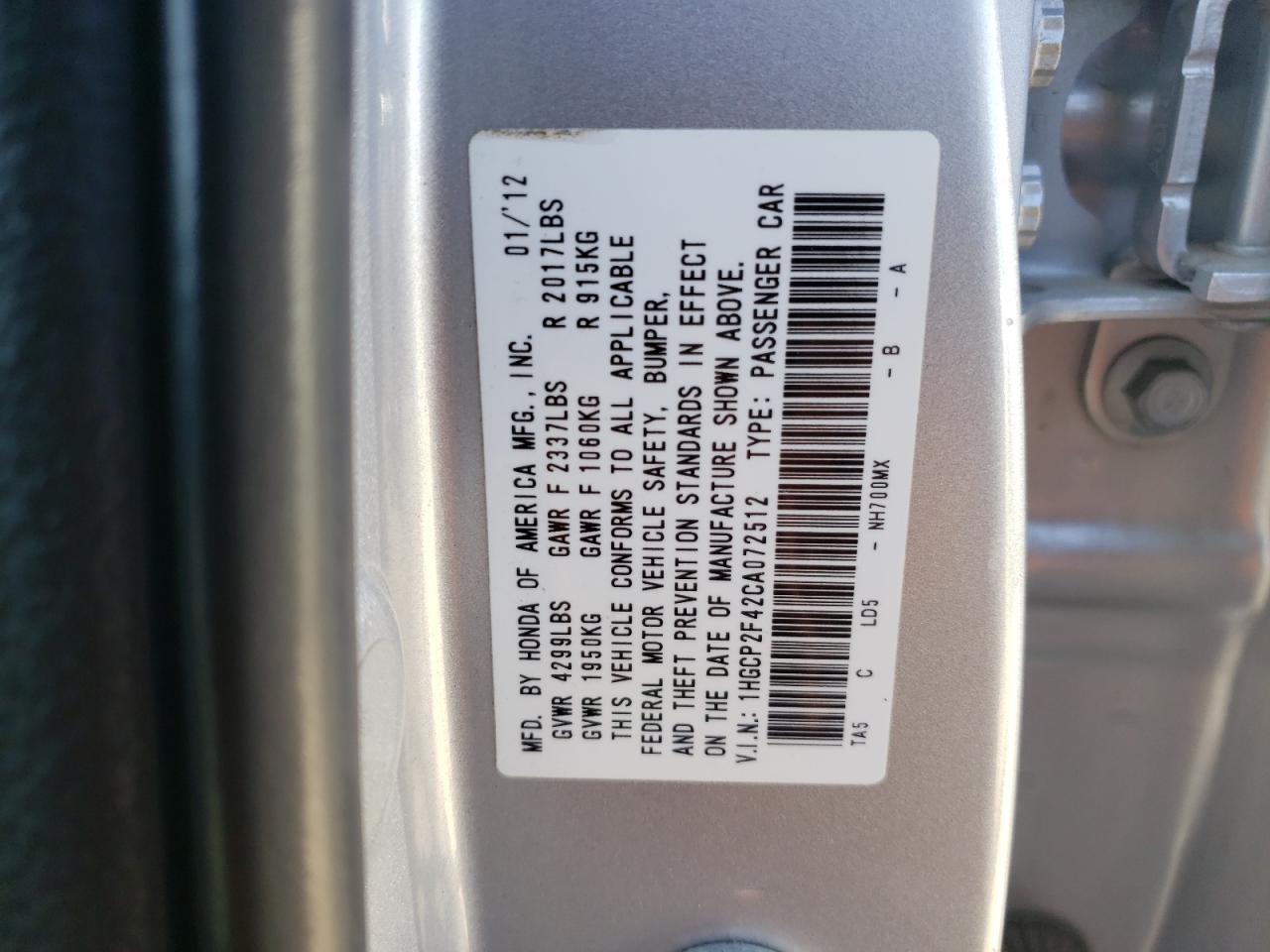 Photo 10 from auction – 2012 HONDA ACCORD LXP with VIN 1HGCP2F42CA072512