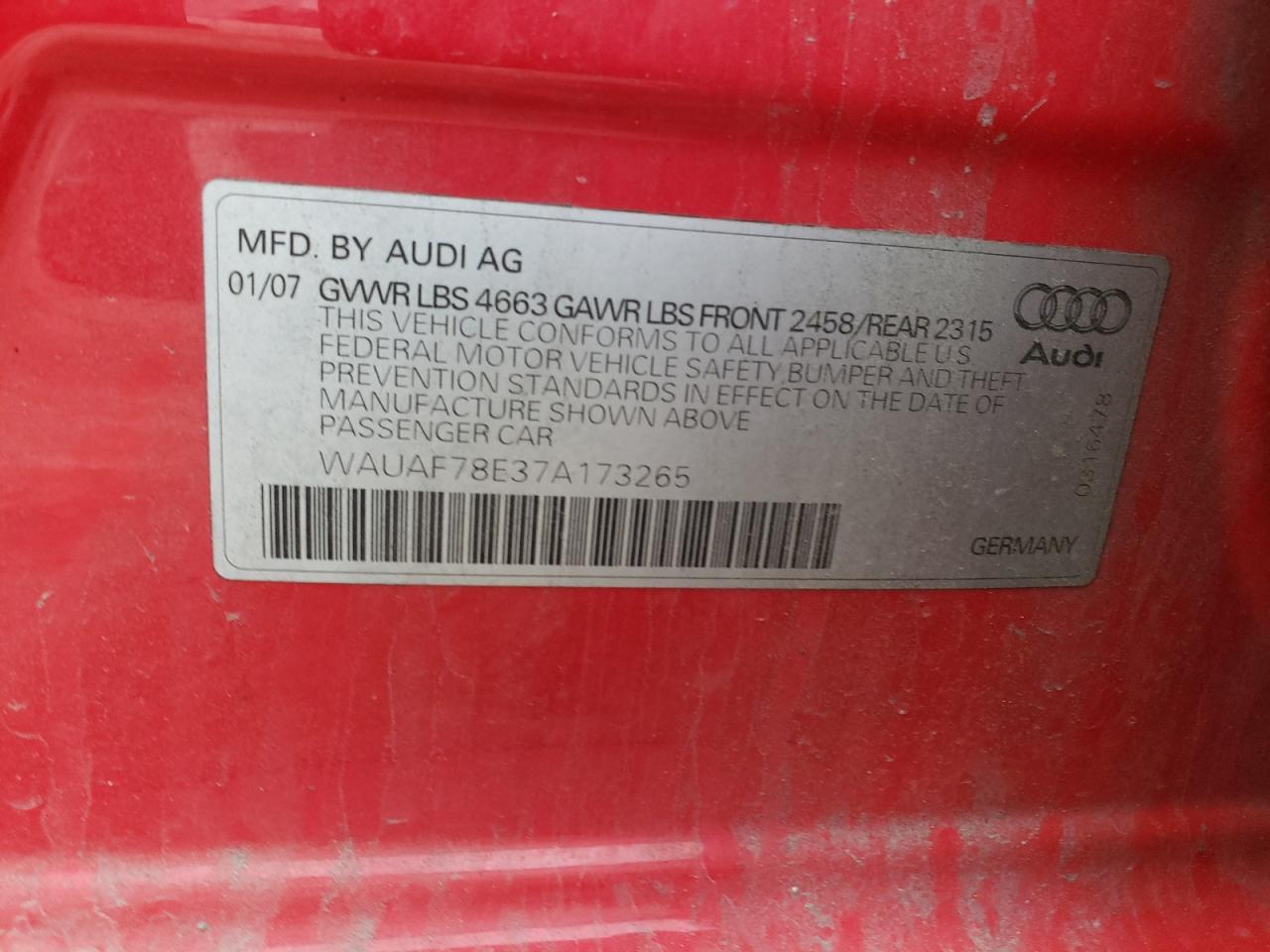 Photo 10 from auction – 2007 AUDI A4 2 with VIN WAUAF78E37A173265