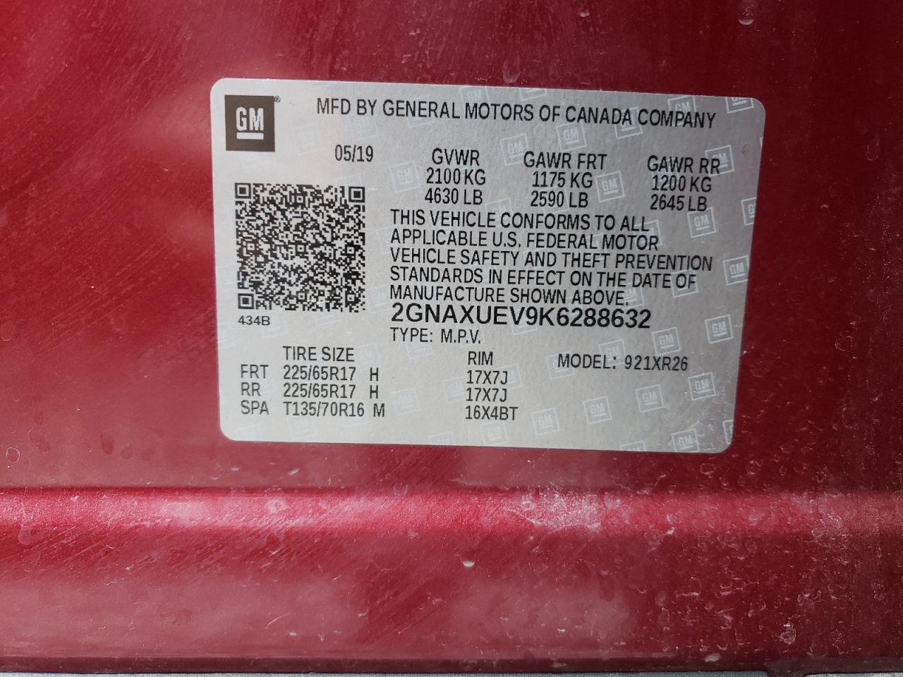 Photo 10 from auction – 2019 CHEVROLET EQUINOX LT with VIN 2GNAXUEV9K6288632